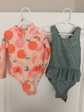 Kids One-Piece Rash Guard Swimsuit in Peach Print and Green Floral - Brand
